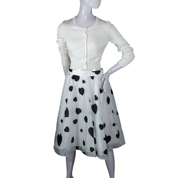 J. Crew Organza A-Line In White and Black Heart print Sheer Flare Skirt - Picture 7 of 10
